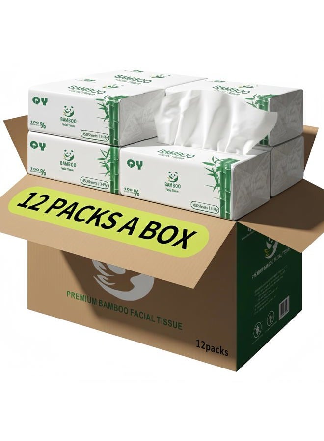 QINGYA Soft Durable Bamboo Facial Tissues - 3 Ply bleached Facial Paper Dry or Wet Use 12 Packs(150 Tissue per Pack, 1800 Tissues Total） - Image 1