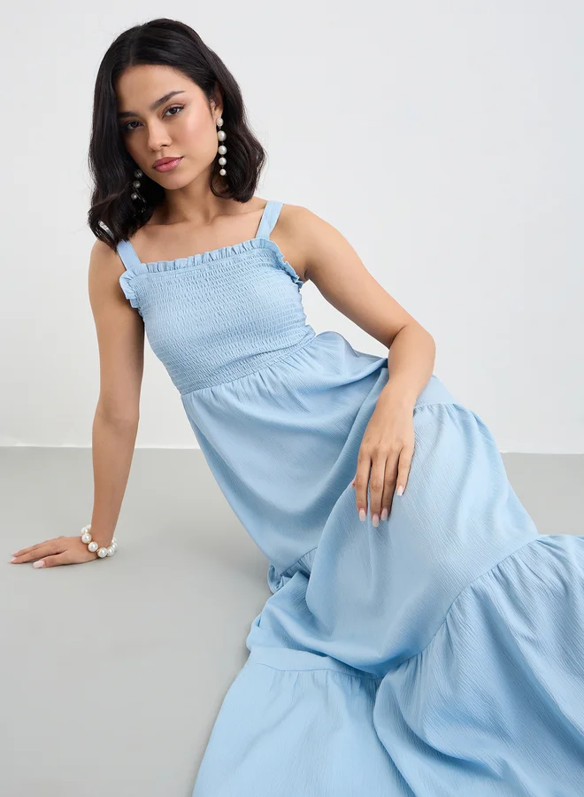 Styli Styli Women Blue Sleeveless Tiered Maxi Dress