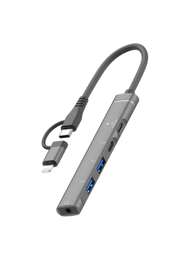 BURAQ 5 in 2 Multi-function HUB Adapter, Interface:USB-C / Type-C + 8 Pin(Grey)  - Image 1