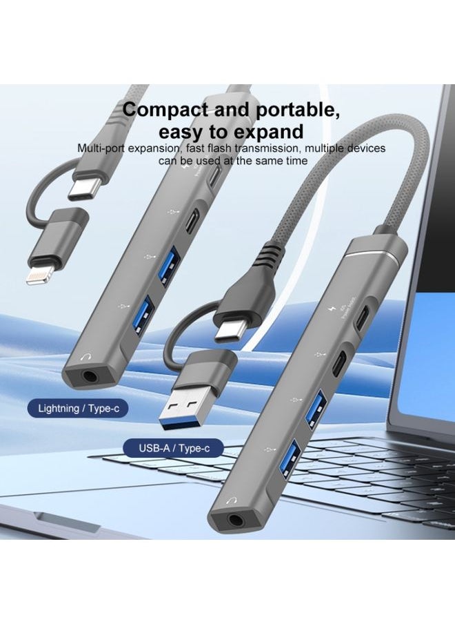 BURAQ 5 in 2 Multi-function HUB Adapter, Interface:USB-C / Type-C + 8 Pin(Grey)  - Image 3