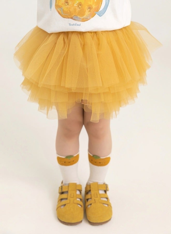 Yoehyaul Girls Layered Tulle Skirt – Yellow Soft Mesh Elastic Waist Partywear Skirt - Image 1