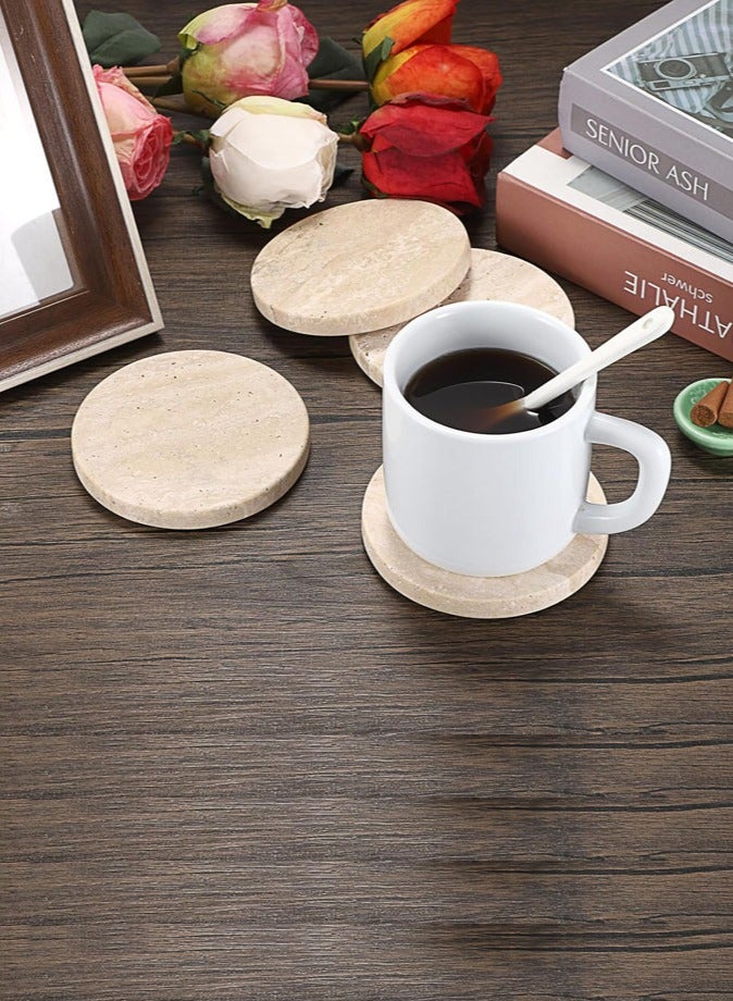 1Chase Set of 4 Natural Travertine Stone Round Coasters for Drinks, Coffee, 10x10cm - Image 2