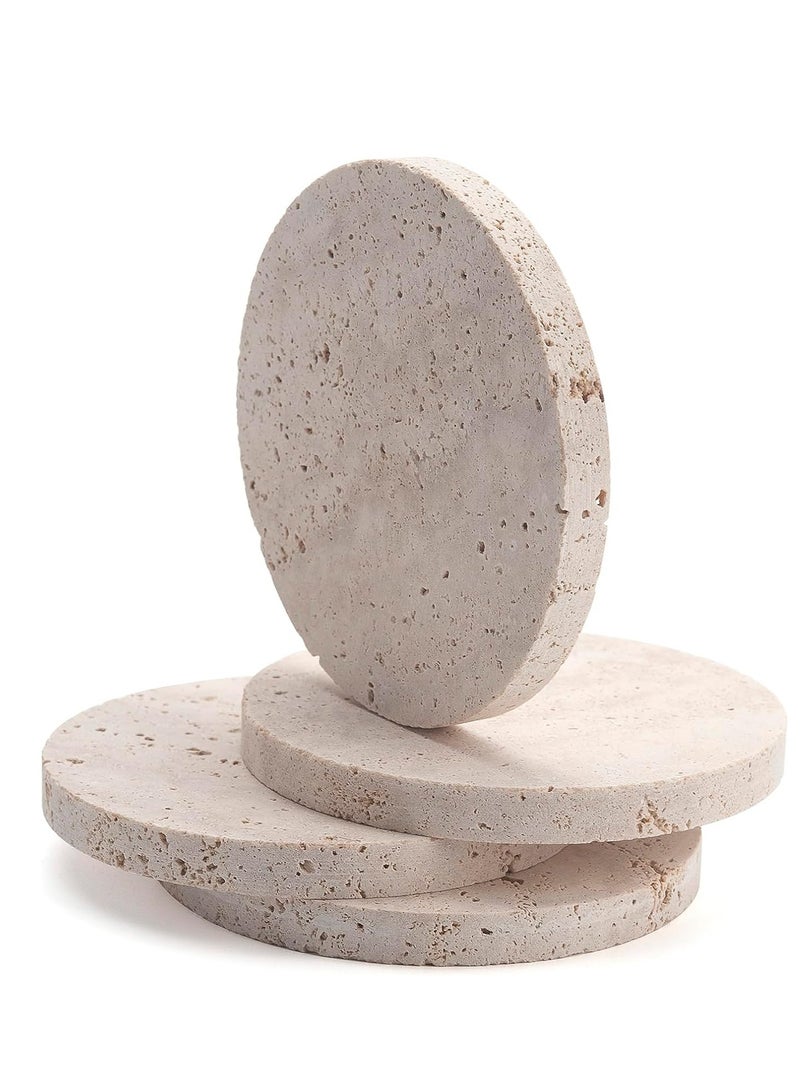 1Chase Set of 4 Natural Travertine Stone Round Coasters for Drinks, Coffee, 10x10cm - Image 1