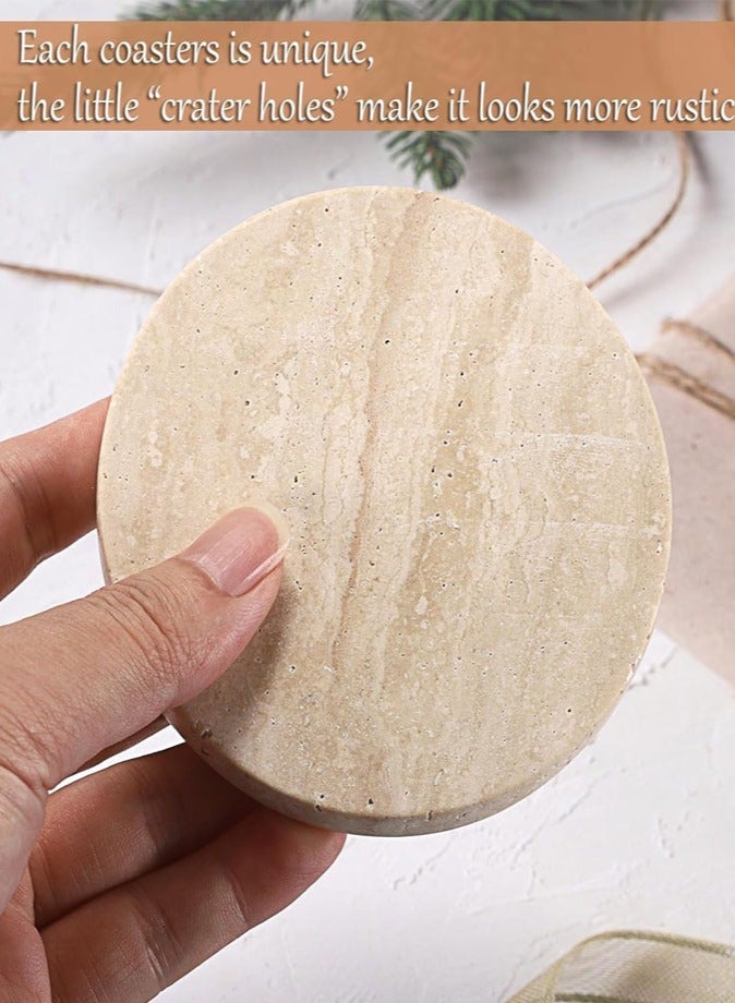 1Chase Set of 4 Natural Travertine Stone Round Coasters for Drinks, Coffee, 10x10cm - Image 3