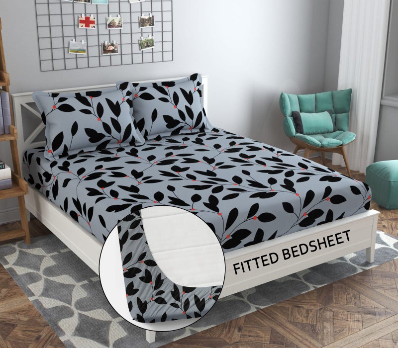 DecentHome Fitted Bedsheet Gray Leaf Design - Image 1