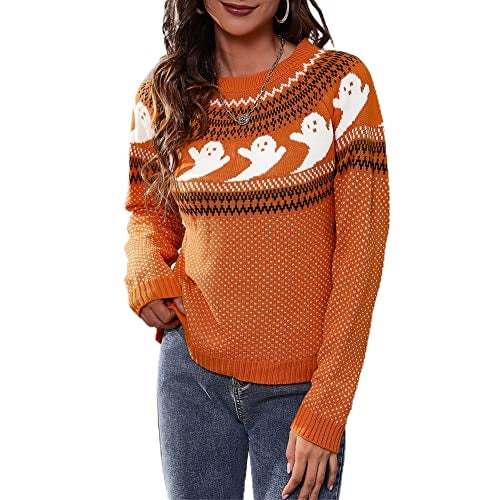 JUNBOON Women Vintage Polka Dot Halloween Knitted Sweater Long Sleeve Crewneck Cute Ghost Pattern Streetwear Jumper - Image 1