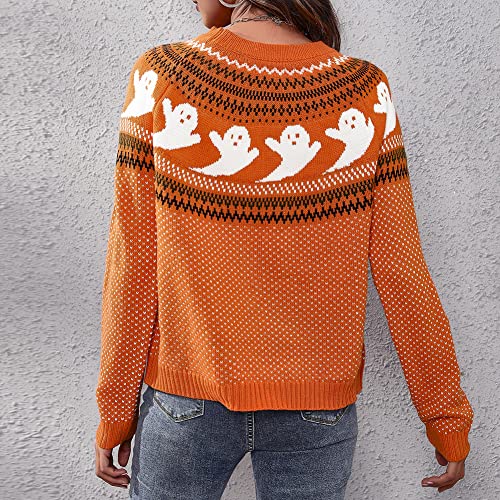 JUNBOON Women Vintage Polka Dot Halloween Knitted Sweater Long Sleeve Crewneck Cute Ghost Pattern Streetwear Jumper - Image 5