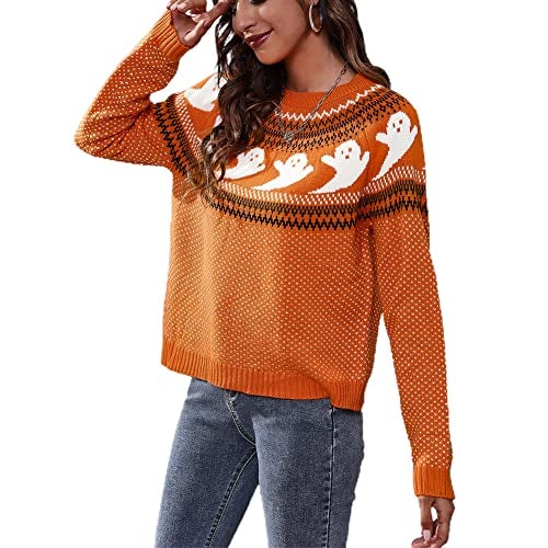JUNBOON Women Vintage Polka Dot Halloween Knitted Sweater Long Sleeve Crewneck Cute Ghost Pattern Streetwear Jumper - Image 2