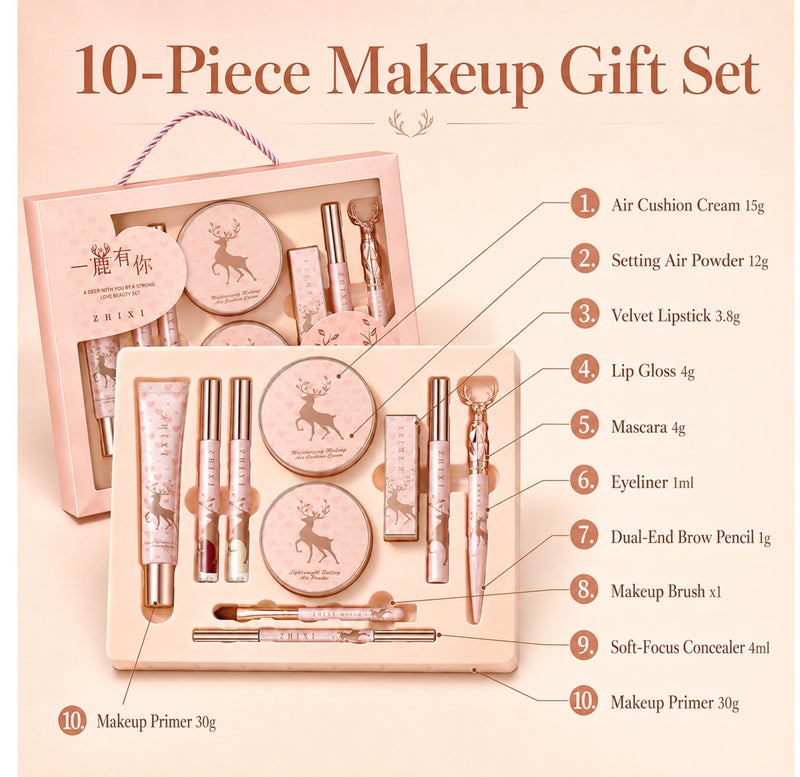 Me Now Makeup Gift Set for Women, 10 Pcs Full Face Makeup Kit with Air Cushion, Setting Powder, Lipstick, Lip Gloss, Mascara, Eyeliner, Brow Pencil, Primer, Concealer and Brush Kit - Image 2