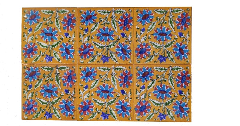 Shiv Kripa Blue Art Pottery Interior Decorative Floral Tiles 6 X 6 INCHPack of 6 Tiles