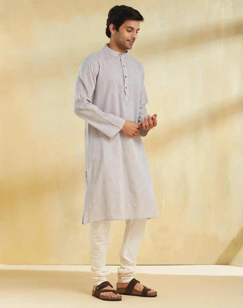 Fabindia Grey Cotton Chikankari Long Kurta