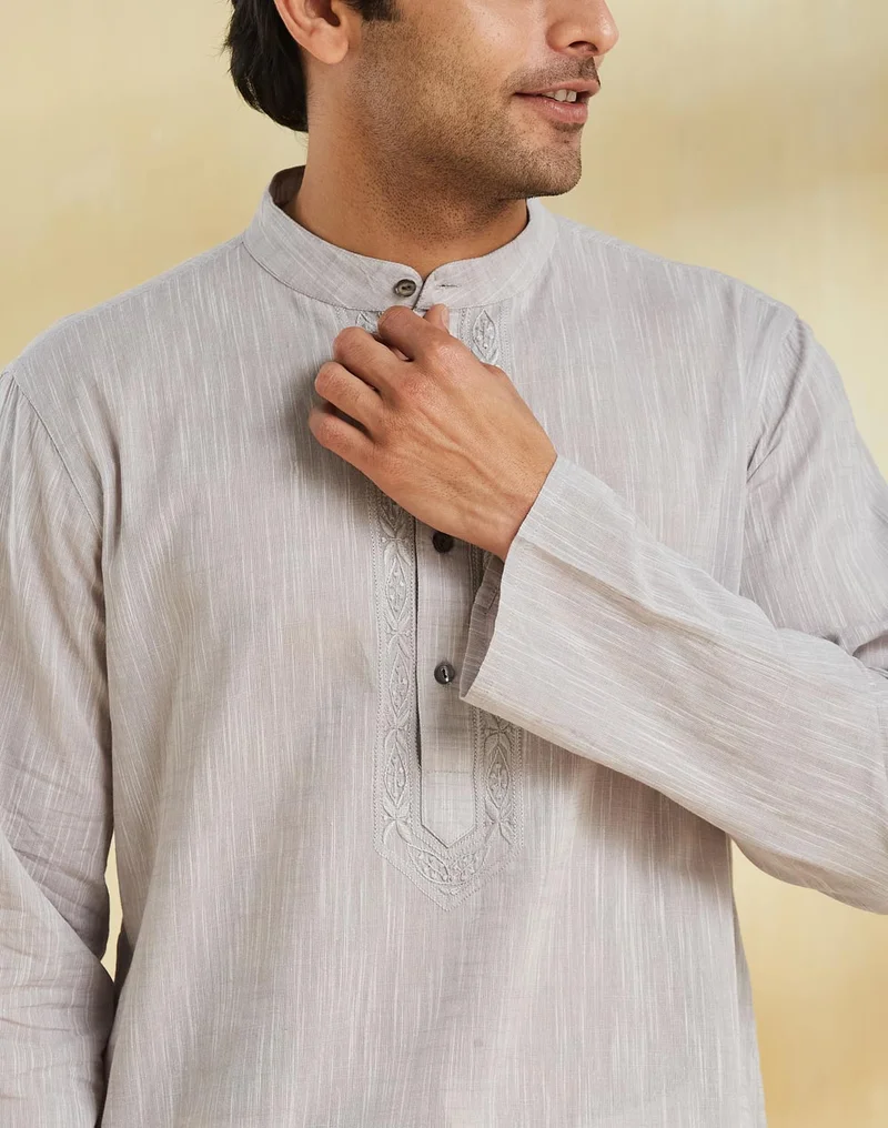 Fabindia Grey Cotton Chikankari Long Kurta