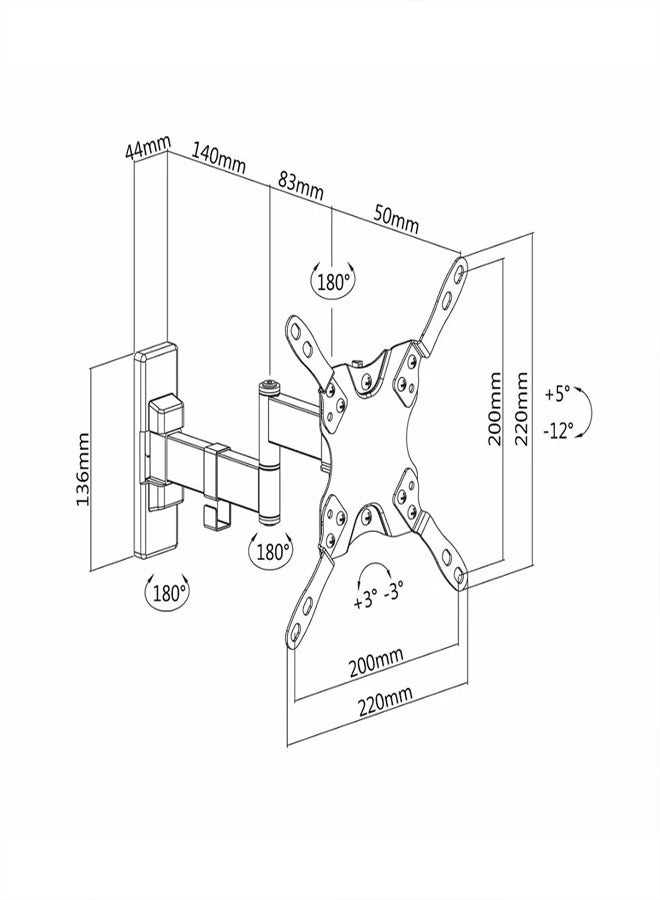 سكيل تك حامل حائط دوار للتلفزيون SH 23P لشاشات من ١٣ إلى ٤٣ بوصة، VESA ١٠٠×١٠٠، عرض الحائط ٦٢ مم - ٢٧٣ مم، أقصى حمولة ٢٠ كجم - أسود - Image 3