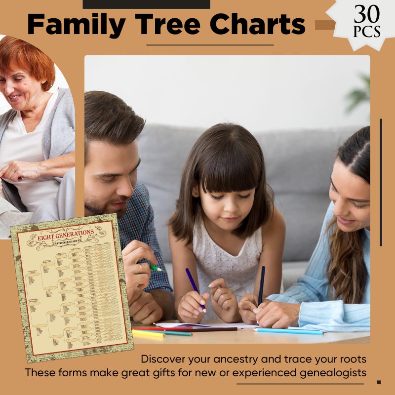 Sinload 30 Pcs Family Tree Charts to Fill in Genealogy Charts 8 Generation 255 Name Spaces Genealogy Organizer Pedigree Charts for Genealogy Ancestry Family History Reunions Lineage, 17 x 22 Inch - Image 2