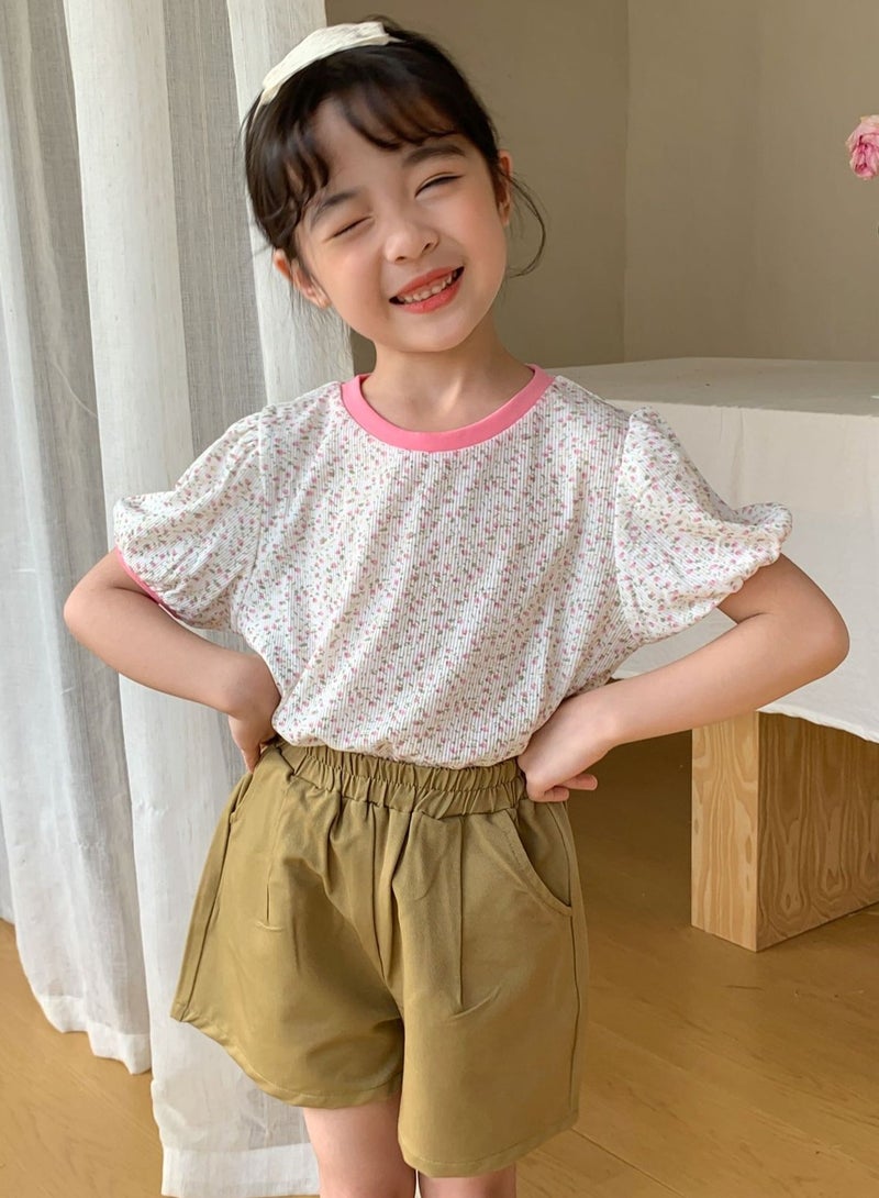 Loquat Girl's Lantern Sleeve Crew Neck T-Shirt Printed Cotton Puff Sleeve Tees  - Image 1