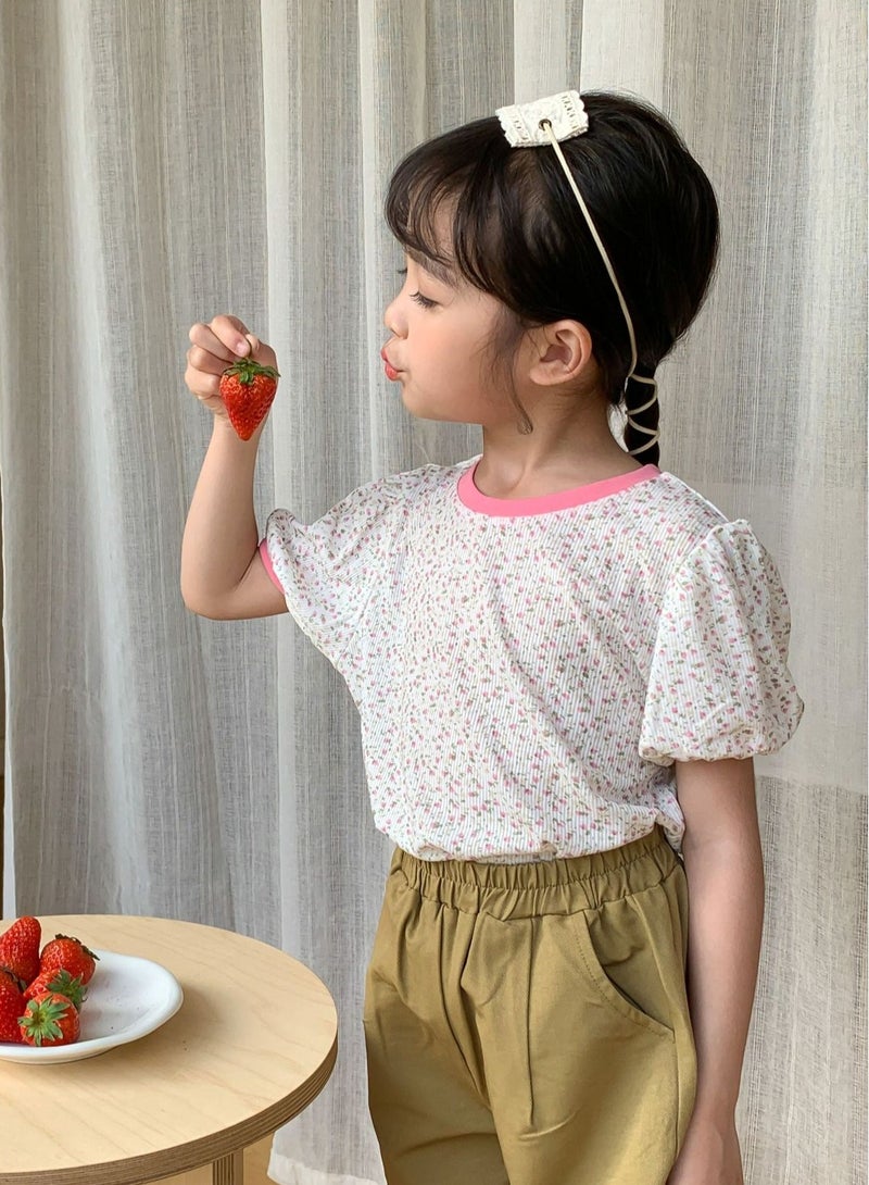 Loquat Girl's Lantern Sleeve Crew Neck T-Shirt Printed Cotton Puff Sleeve Tees  - Image 2