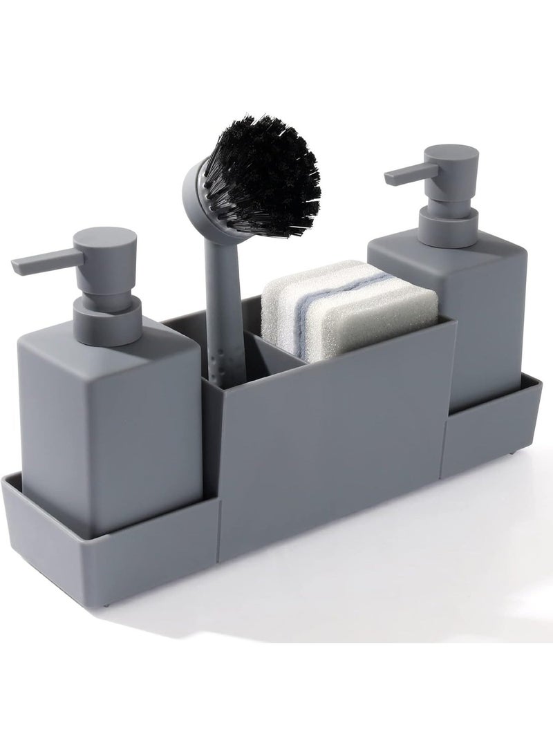 Kitchen Soap Dispenser with Sponge Holder Set for Sink Caddy, Hand Soap and Dish Soap Dispenser with Brush Matte Grey - Image 1