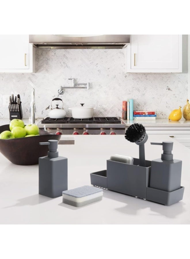 Kitchen Soap Dispenser with Sponge Holder Set for Sink Caddy, Hand Soap and Dish Soap Dispenser with Brush Matte Grey - Image 2