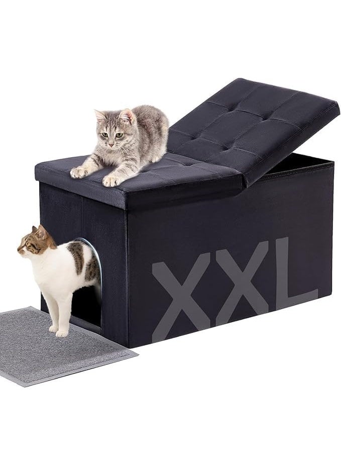 Extra Large Cat Litter Box Cover - Cat House with Stylish Storage Seat Design (Ottoman), Urine and Odor Resistant PU Leather, Perfect for Hiding Litterbox, 90x50x50cm Black