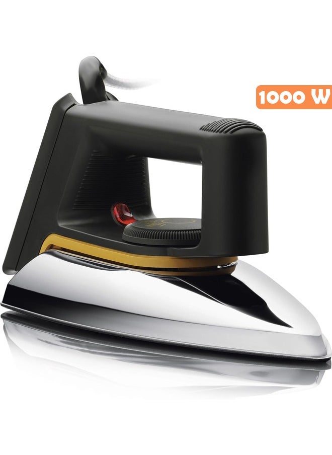 Dry ironing machine equipped with a non-stick coating plate, an indicator light and an adjustable temperature control, ideal for all types of clothes, with a power of 1000 watts.