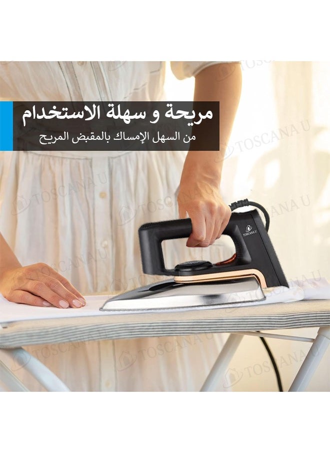 Dry ironing machine equipped with a non-stick coating plate, an indicator light and an adjustable temperature control, ideal for all types of clothes, with a power of 1000 watts.