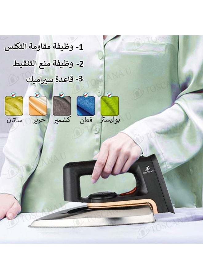 Dry ironing machine equipped with a non-stick coating plate, an indicator light and an adjustable temperature control, ideal for all types of clothes, with a power of 1000 watts.