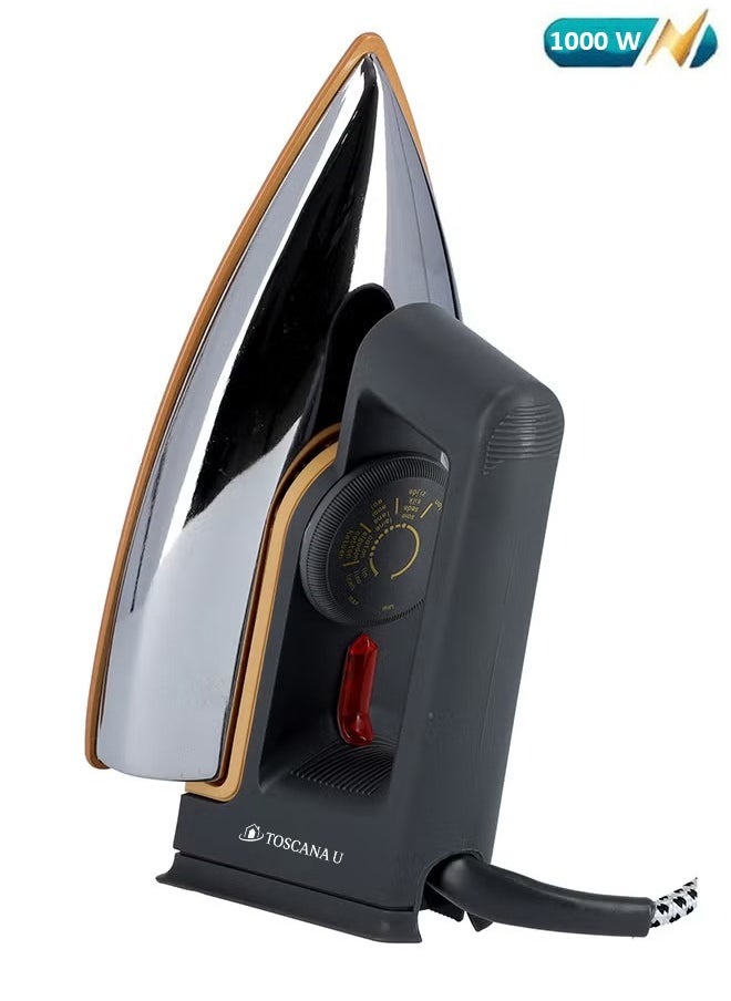 Dry ironing machine equipped with a non-stick coating plate, an indicator light and an adjustable temperature control, ideal for all types of clothes, with a power of 1000 watts.