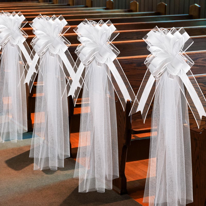FineCheer 12 Set Large Wedding Pew Bows with Long Tulle Tails Church Chair Aisle Decorations Wedding Car Decoration Big Bows for Bridal Shower Reception Birthday Anniversary (White) - Image 1