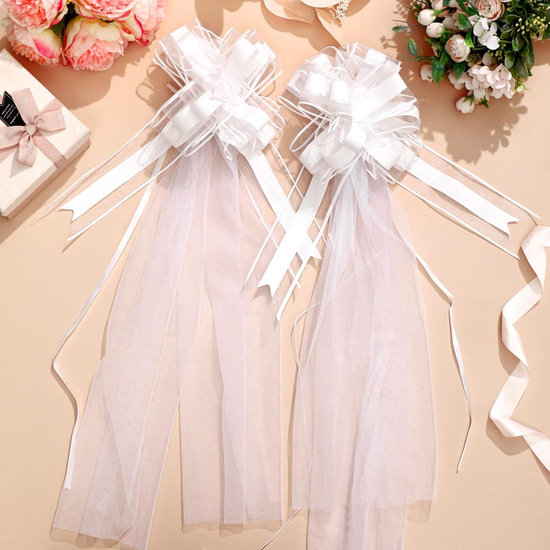 FineCheer 12 Set Large Wedding Pew Bows with Long Tulle Tails Church Chair Aisle Decorations Wedding Car Decoration Big Bows for Bridal Shower Reception Birthday Anniversary (White) - Image 5