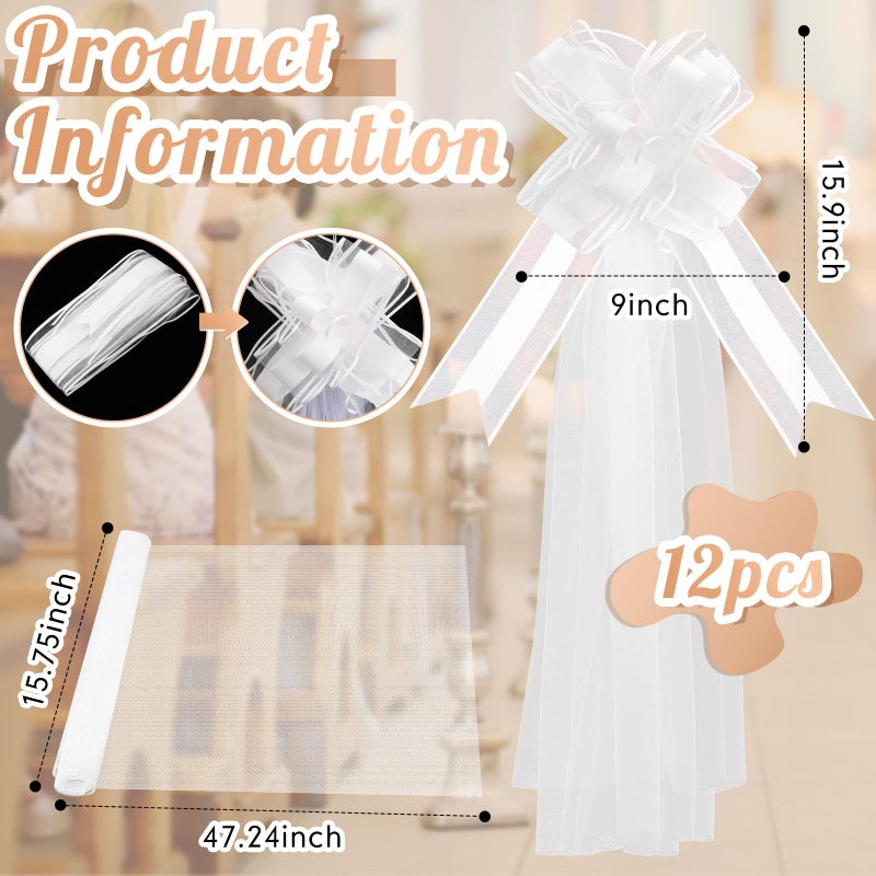 FineCheer 12 Set Large Wedding Pew Bows with Long Tulle Tails Church Chair Aisle Decorations Wedding Car Decoration Big Bows for Bridal Shower Reception Birthday Anniversary (White) - Image 2
