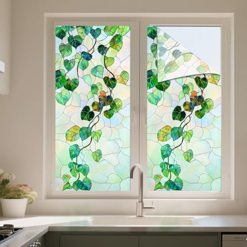IVN Privacy Window Film Decorative Stained Glass Green Vine and Leaf Pattern, Static Cling Window Film for Living Room Bedroom Door Panel 17.7 x 39.3 Inch - Image 5