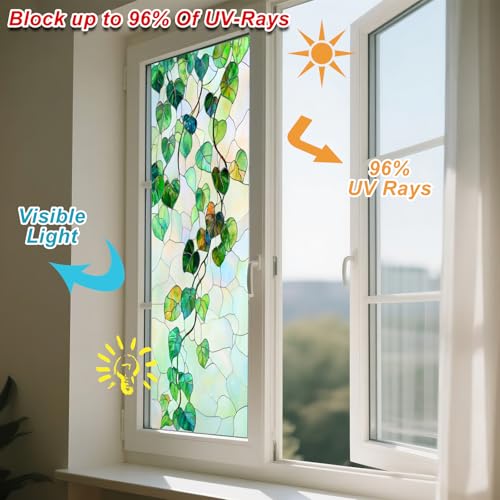 IVN Privacy Window Film Decorative Stained Glass Green Vine and Leaf Pattern, Static Cling Window Film for Living Room Bedroom Door Panel 17.7 x 39.3 Inch - Image 4