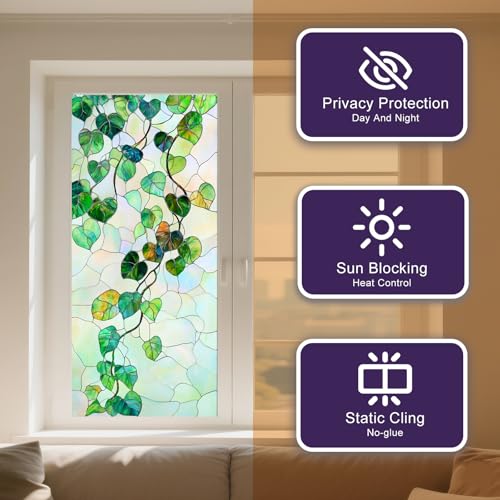 IVN Privacy Window Film Decorative Stained Glass Green Vine and Leaf Pattern, Static Cling Window Film for Living Room Bedroom Door Panel 17.7 x 39.3 Inch - Image 2