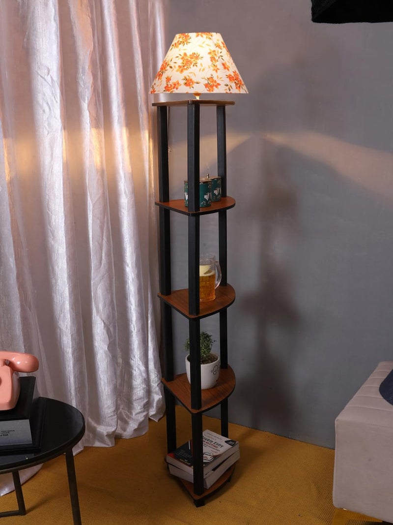 AMDHOME Conical Orange Cotton Printed Shade Shelf Floor Lamp Wooden 14x14x65 Inches42 - Image 3