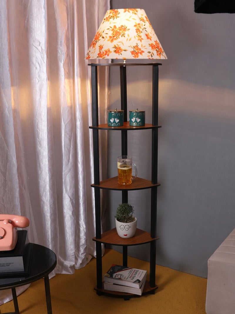 AMDHOME Conical Orange Cotton Printed Shade Shelf Floor Lamp Wooden 14x14x65 Inches42 - Image 1