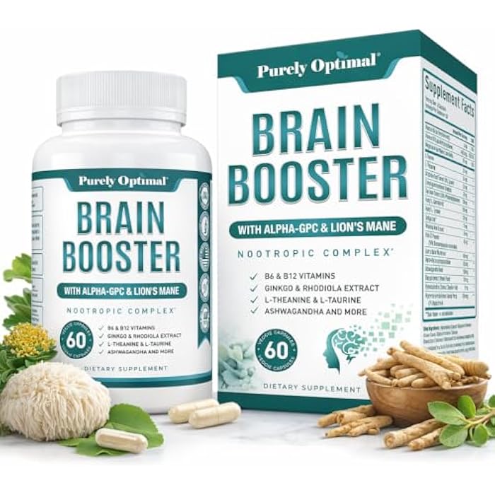 Purely Optimal Brain Booster Nootropic Supplement – Brain Support for Memory, Focus, Clarity, Jitter-Free Energy for Adults, Seniors– with Ginkgo Biloba, Alpha GPC, Lion’s Mane – 60 Capsules - Image 1