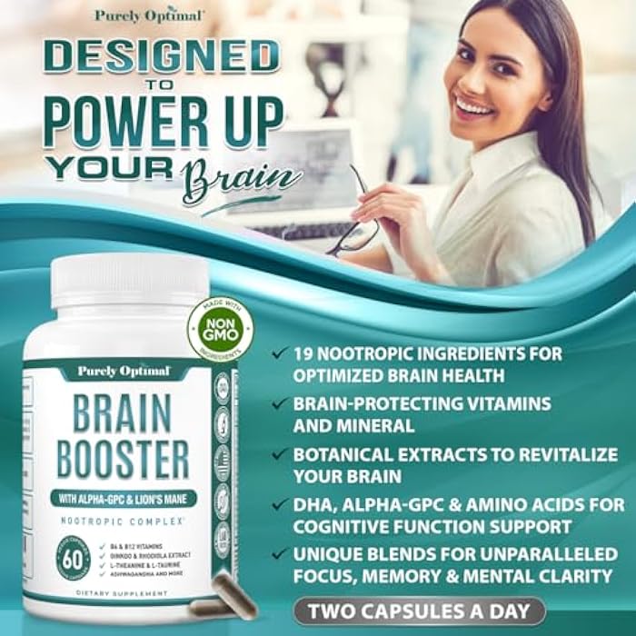 Purely Optimal Brain Booster Nootropic Supplement – Brain Support for Memory, Focus, Clarity, Jitter-Free Energy for Adults, Seniors– with Ginkgo Biloba, Alpha GPC, Lion’s Mane – 60 Capsules - Image 4