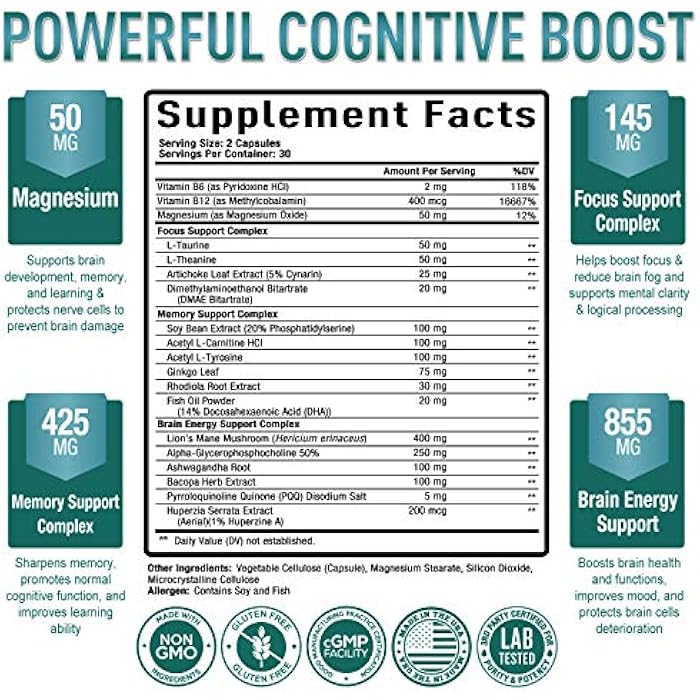 Purely Optimal Brain Booster Nootropic Supplement – Brain Support for Memory, Focus, Clarity, Jitter-Free Energy for Adults, Seniors– with Ginkgo Biloba, Alpha GPC, Lion’s Mane – 60 Capsules - Image 2