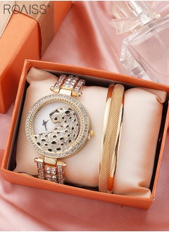 roaiss Women's Alloy Strap Bracelet Watch Analog Display Round Dial Quartz Watch with Leopard Head Pattern Decorated with Rhinestones 2 Pieces Luxurious Watch Set as Gift for Women  - Image 1