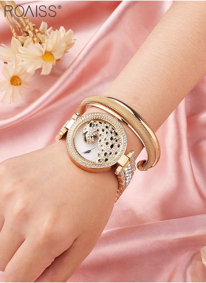 roaiss Women's Alloy Strap Bracelet Watch Analog Display Round Dial Quartz Watch with Leopard Head Pattern Decorated with Rhinestones 2 Pieces Luxurious Watch Set as Gift for Women  - Image 2