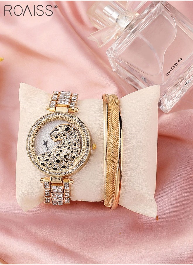 roaiss - Women's Alloy Strap Bracelet Watch Analog Display Round Dial Quartz Watch with Leopard Head Pattern Decorated with Rhinestones 2 Pieces Luxurious Watch Set as Gift for Women - Image 1