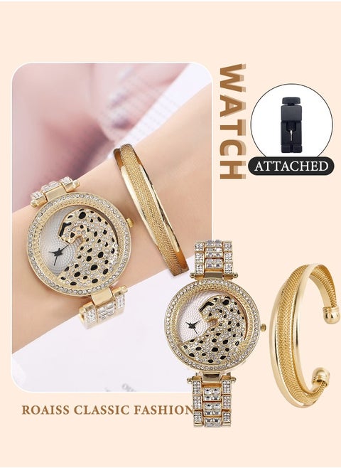 Women's Alloy Strap Bracelet Watch Analog Display Round Dial Quartz Watch with Leopard Head Pattern Decorated with Rhinestones 2 Pieces Luxurious Watch Set as Gift for Women