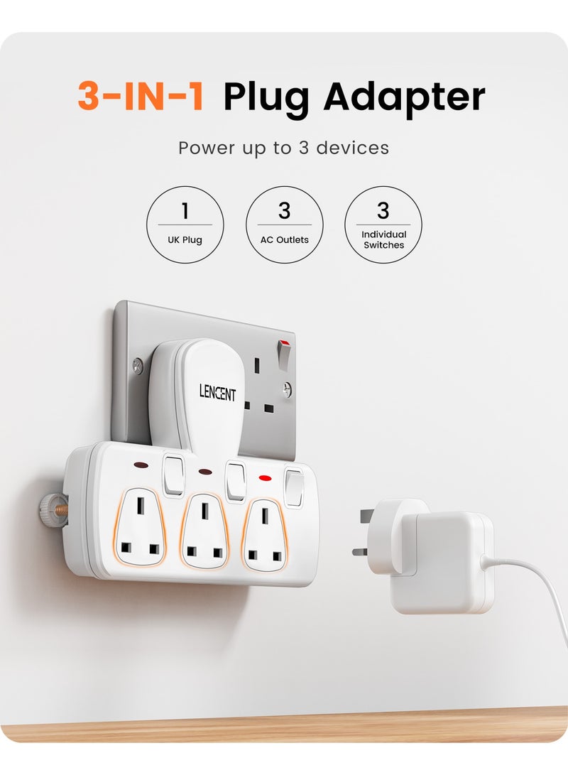 Lencent 3 Way Extension Multiple Socket 3 in 1 UK Plug Wall Plug with Individual Switches, 3 Outlets, Multi Plug Outlet, Power Plug Adapter, Charger Extension Type G - Image 2