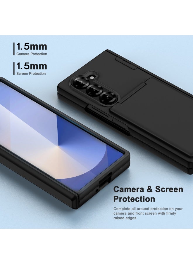متوافق مع هاتف Samsung Z Fold 6 القابل للطي حامل بطاقة الهاتف حافظة واقية حافظة هاتف ناعمة الملمس بإطار مقاوم للسقوط بسمك 1.5 مم مزودة بفتحات للبطاقات ووظيفة الحامل حافظة واقية مقاومة للسقوط (أسود) - Image 2