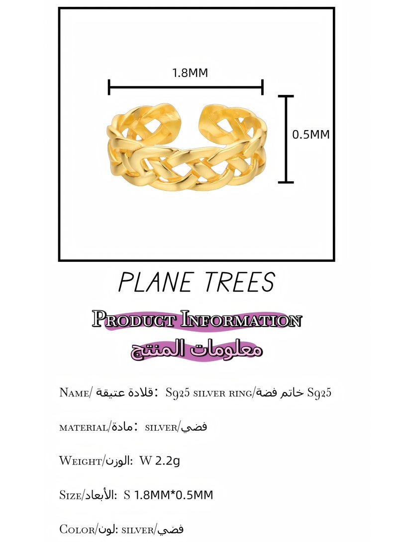 Plane Trees Gold-Plated Open Ring – Braided Adjustable Design, Unisex Fashion Jewelry - Image 2