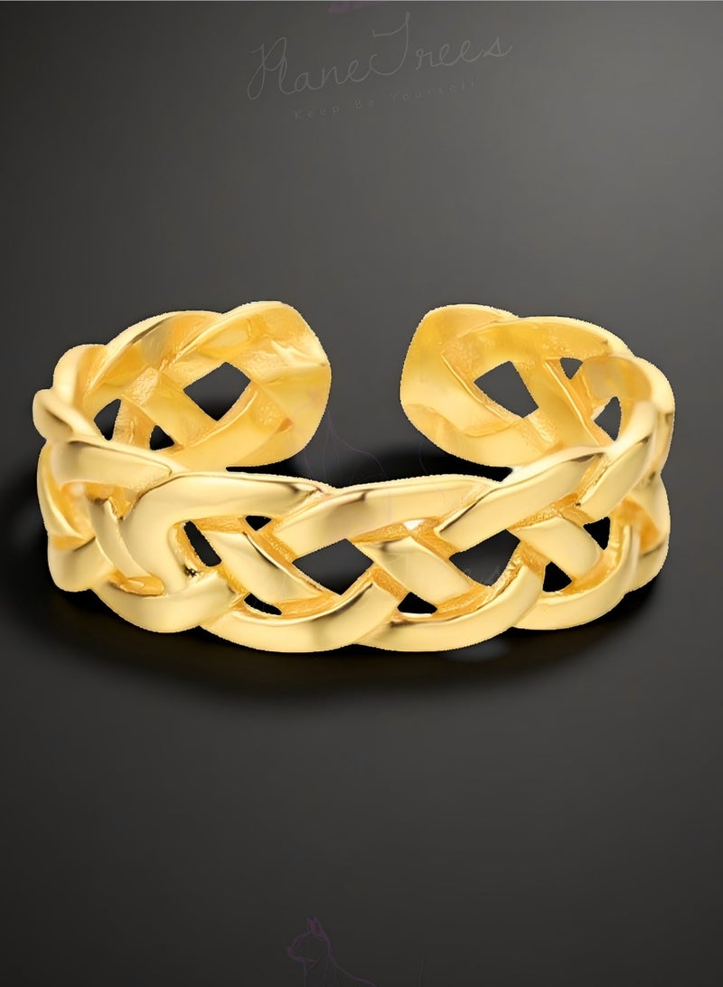 Plane Trees Gold-Plated Open Ring – Braided Adjustable Design, Unisex Fashion Jewelry - Image 1