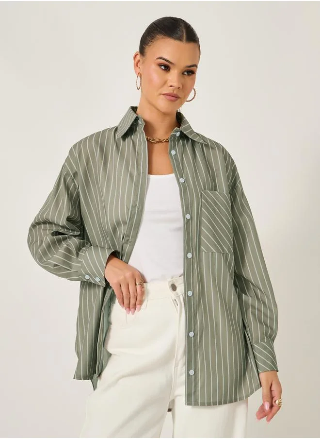 ستايلي Striped Long Sleeve Oversized Shirt with Pocket