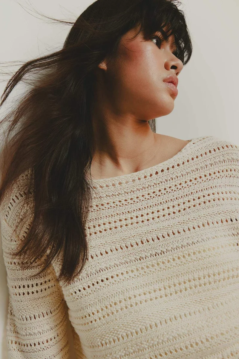 ديفاكتو Oversize Fit Pattern Boat Neck Openwork Knit Pullover