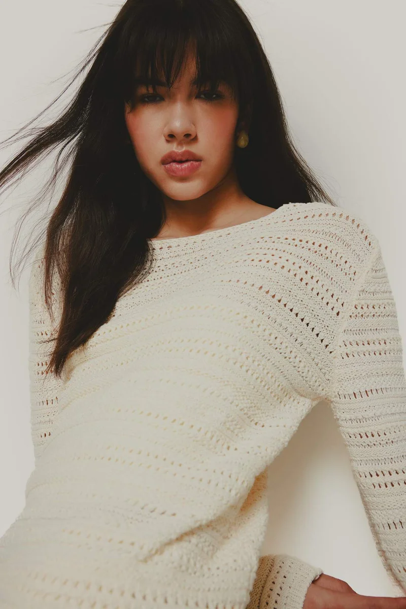 ديفاكتو Oversize Fit Pattern Boat Neck Openwork Knit Pullover