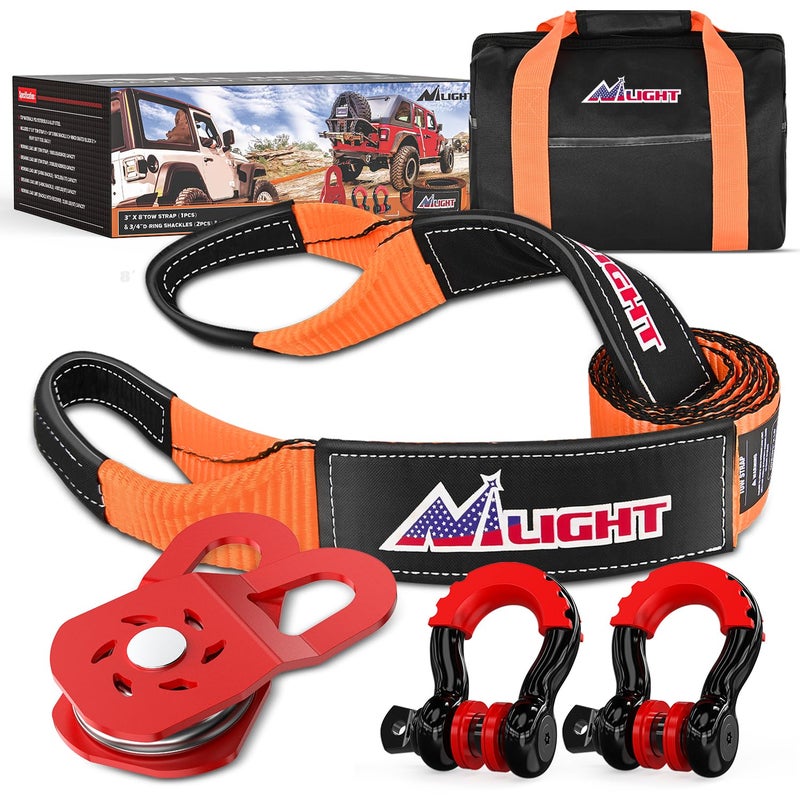 Nilight Offroad Recovery Kit 3" x 8' Tow Strap with Winch Snatch Block Pulley and 2Pcs 3/4" Anti-Theft D-Ring Shackles Storage Bag Heavy Duty Tow Rope for Car Truck SUV ATV (MBS 31500LBS) - Image 1